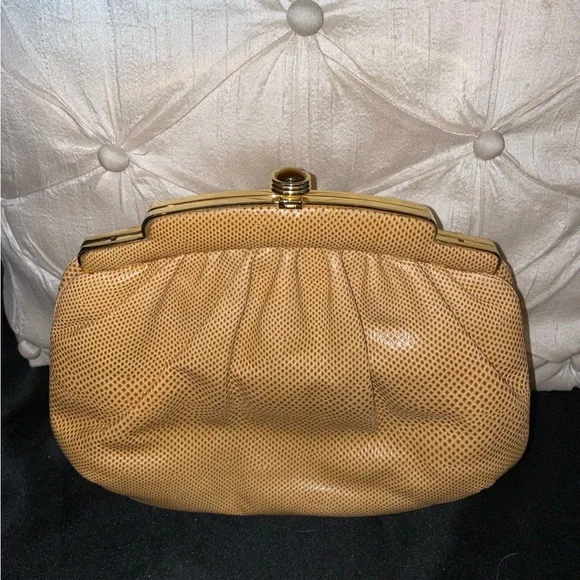 Judith Lieber camel color reptile skin clutch - Picture 5 of 6